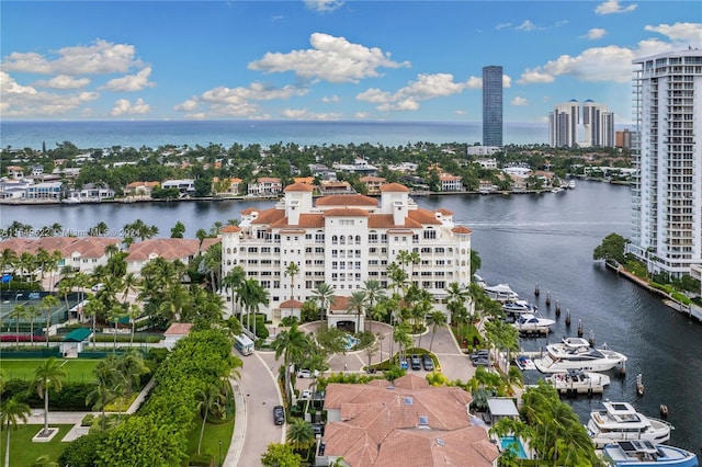 aerial view with a view of city and a water view