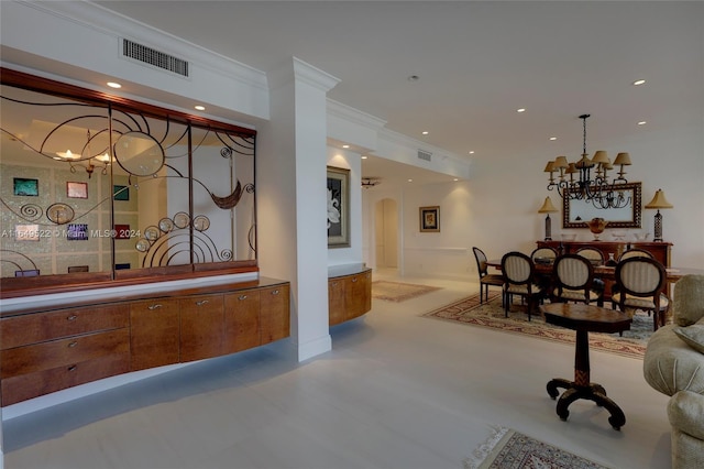 dining space featuring crown molding, recessed lighting, visible vents, and a chandelier