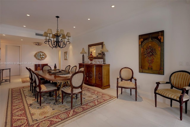 dining room featuring baseboards, visible vents, recessed lighting, ornamental molding, and a notable chandelier