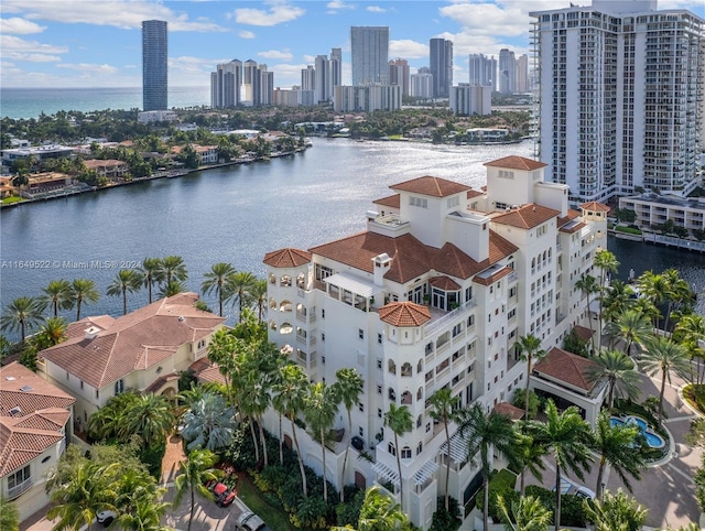 birds eye view of property featuring a city view and a water view