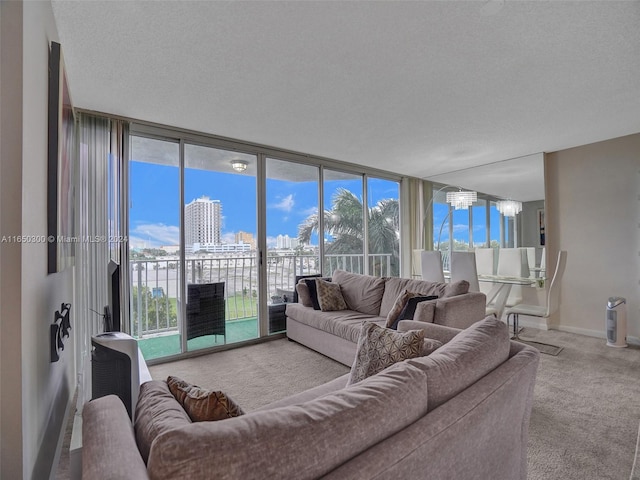 carpeted living room with a textured ceiling and a wall of windows