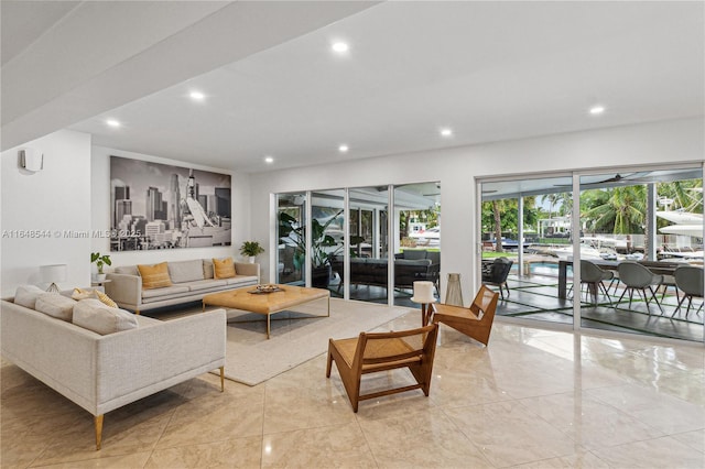 living room with recessed lighting