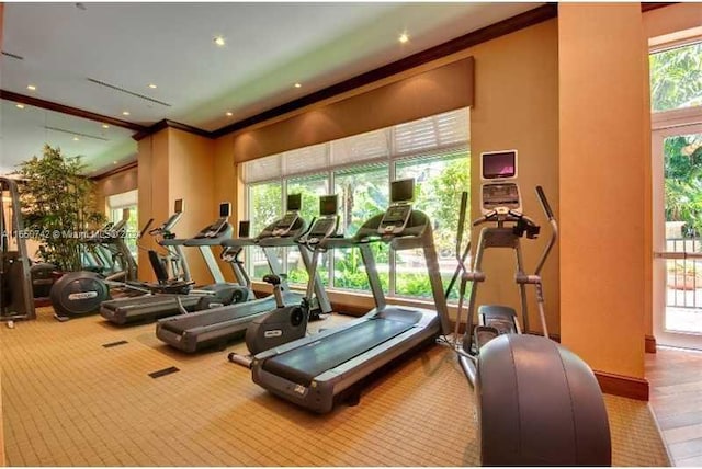 gym with crown molding, a healthy amount of sunlight, and carpet flooring