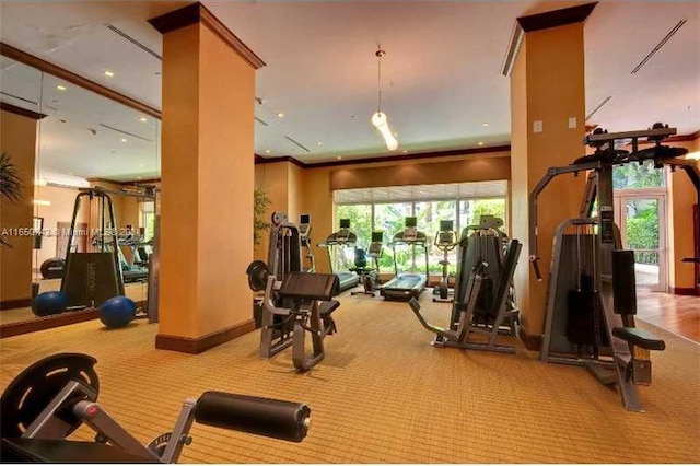 exercise room featuring light carpet, ornamental molding, and plenty of natural light