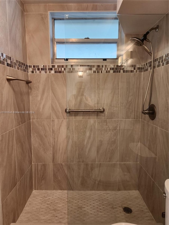 bathroom featuring toilet, a tile shower, and a healthy amount of sunlight