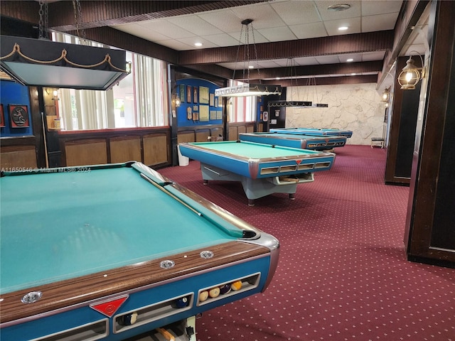 game room featuring pool table and carpet