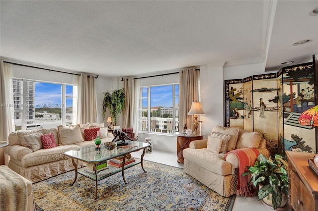 living room featuring tile patterned floors