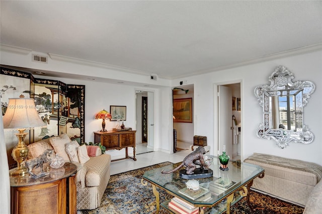 living room featuring crown molding and light tile patterned floors