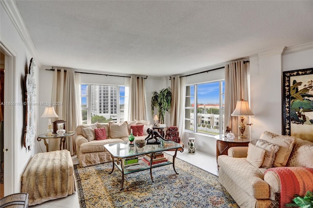 tiled living room with ornamental molding and a textured ceiling