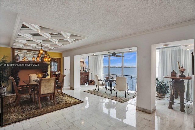 11111 Biscayne Blvd Unit 7F, Miami, FL 33181 - dining area featuring coffered ceiling, a textured ceiling, marble finish floor, and a water view