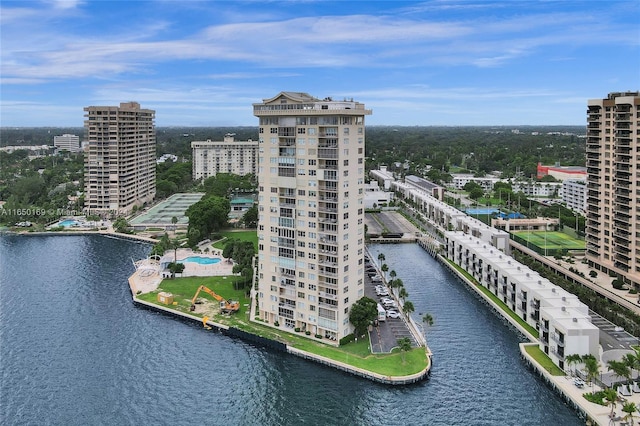 birds eye view of property featuring a water view