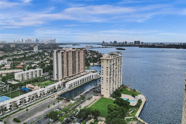 birds eye view of property featuring a water view