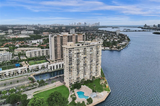 aerial view featuring a water view