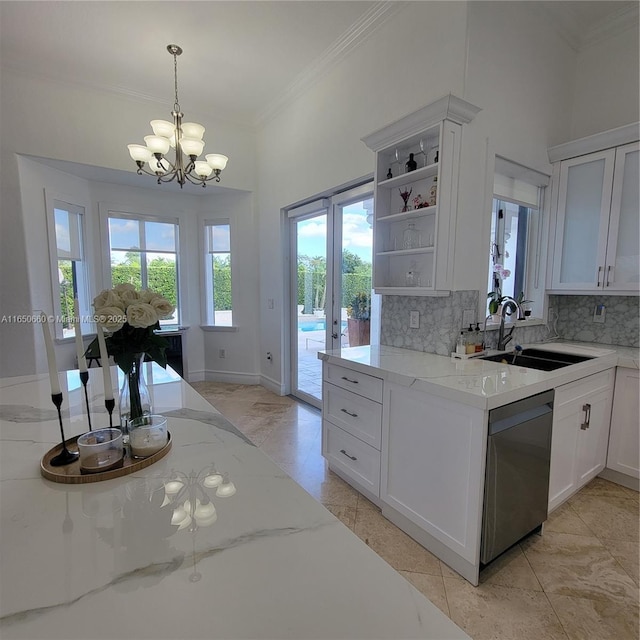 kitchen with backsplash, crown molding, stainless steel dishwasher, open shelves, and a sink