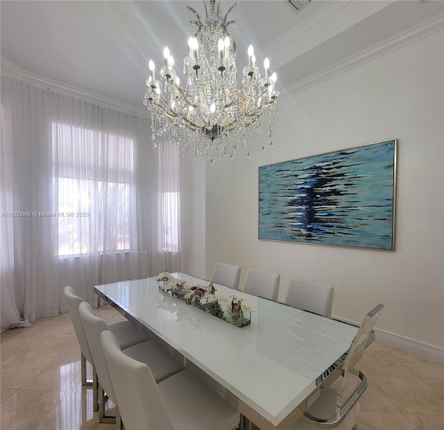 dining room featuring light tile patterned floors, visible vents, baseboards, ornamental molding, and an inviting chandelier