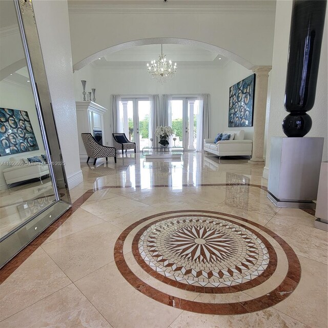 2621 SW 132nd Ave, Miami, FL 33175 - foyer entrance featuring baseboards, crown molding, arched walkways, and french doors