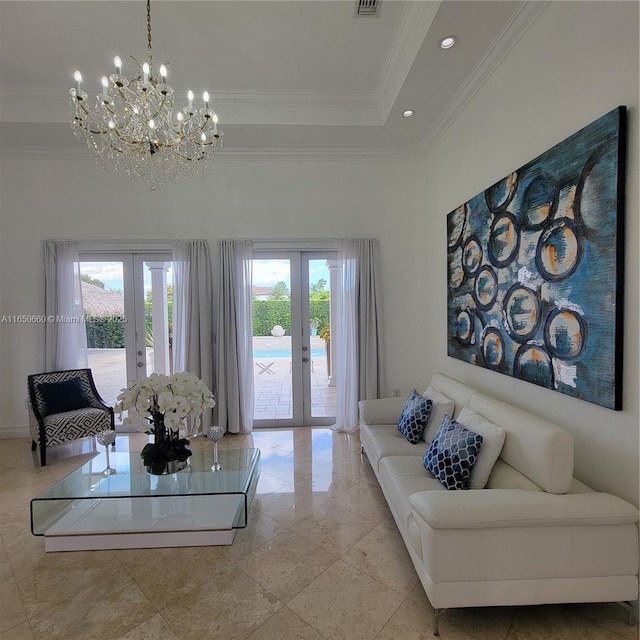 living room featuring a healthy amount of sunlight, recessed lighting, ornamental molding, and french doors