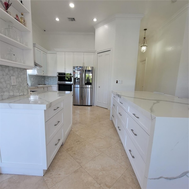 kitchen with visible vents, light stone countertops, stainless steel appliances, open shelves, and backsplash