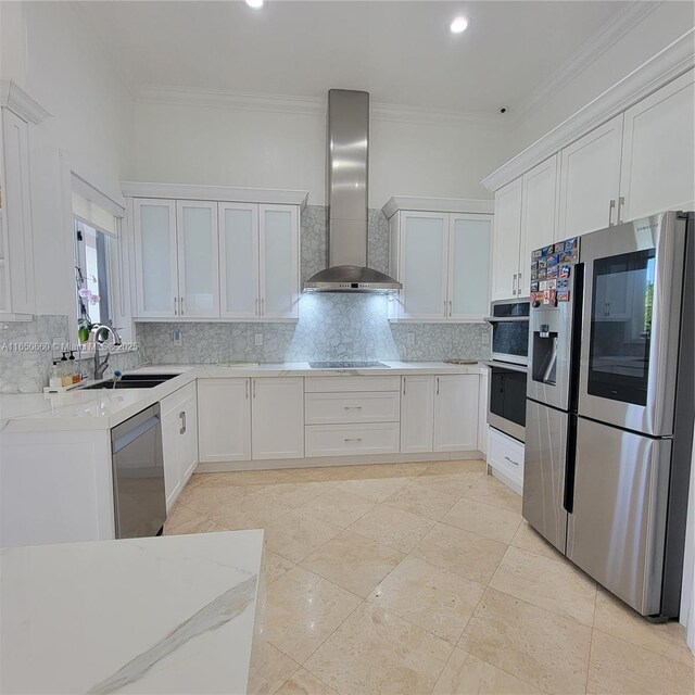 2621 SW 132nd Ave, Miami, FL 33175 - kitchen with backsplash, a sink, stainless steel appliances, wall chimney range hood, and ornamental molding
