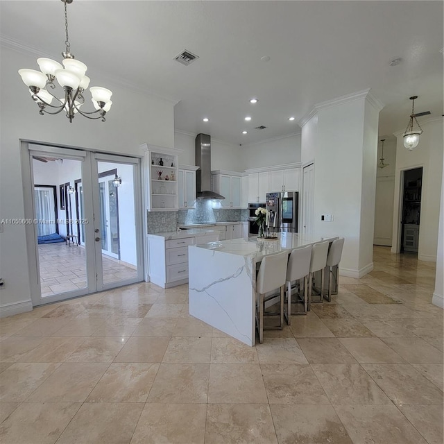 kitchen with wall chimney range hood, french doors, backsplash, open shelves, and smart refrigerator