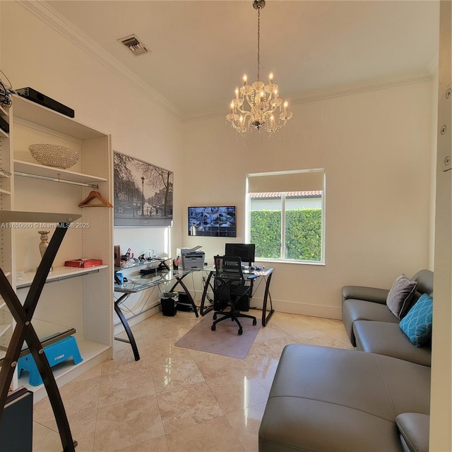 home office featuring ornamental molding, a chandelier, visible vents, and baseboards