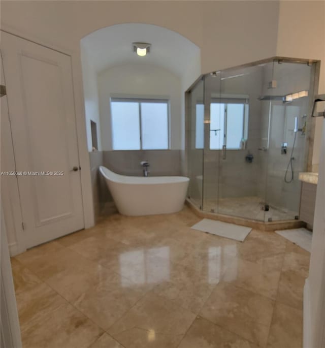 full bath featuring a healthy amount of sunlight, a freestanding tub, and a shower stall