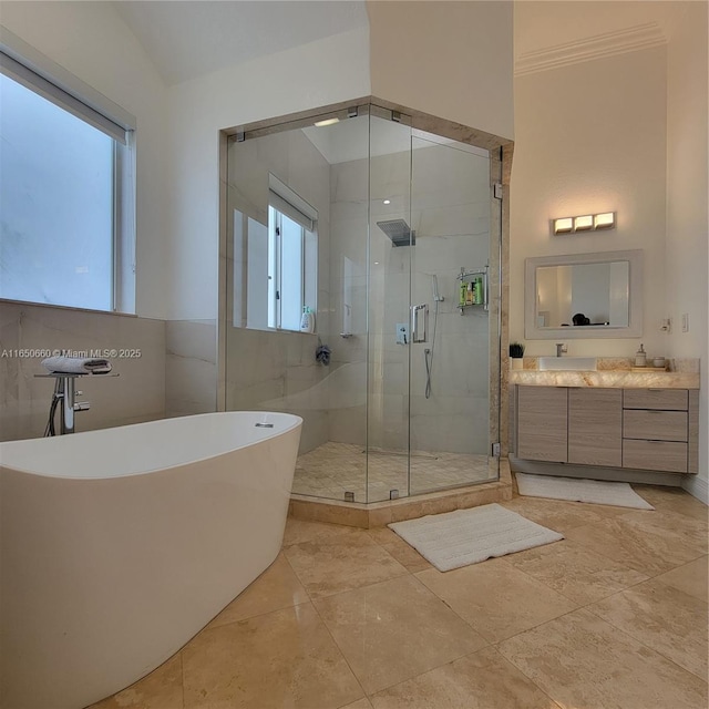 bathroom featuring a stall shower, plenty of natural light, vanity, and a soaking tub