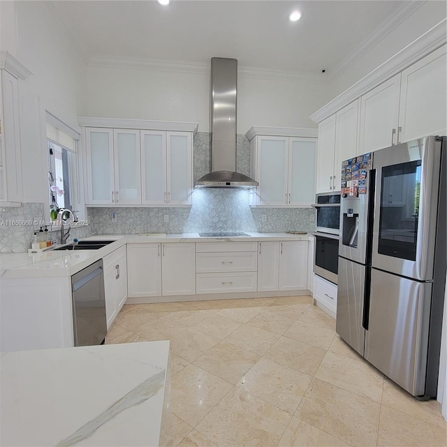 kitchen with wall chimney exhaust hood, appliances with stainless steel finishes, a sink, crown molding, and backsplash