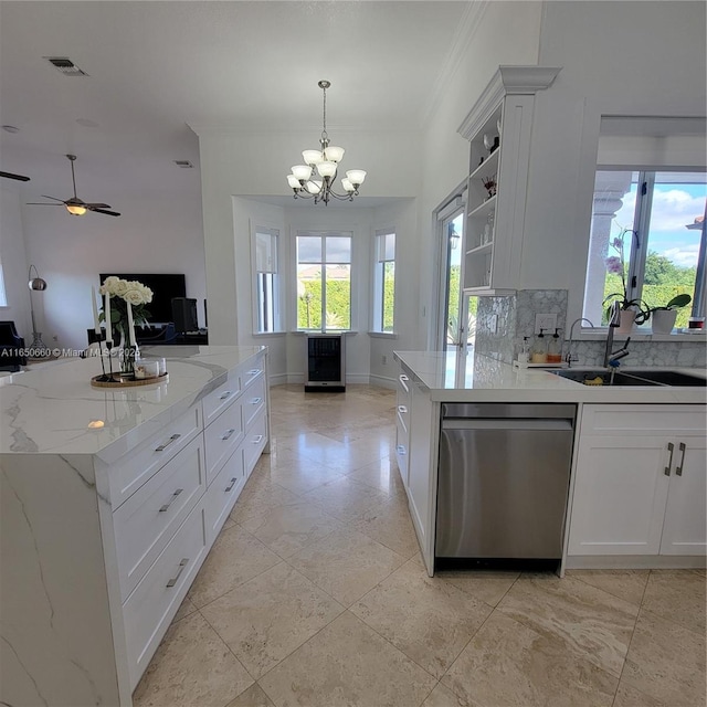 kitchen featuring open shelves, tasteful backsplash, visible vents, a sink, and dishwasher