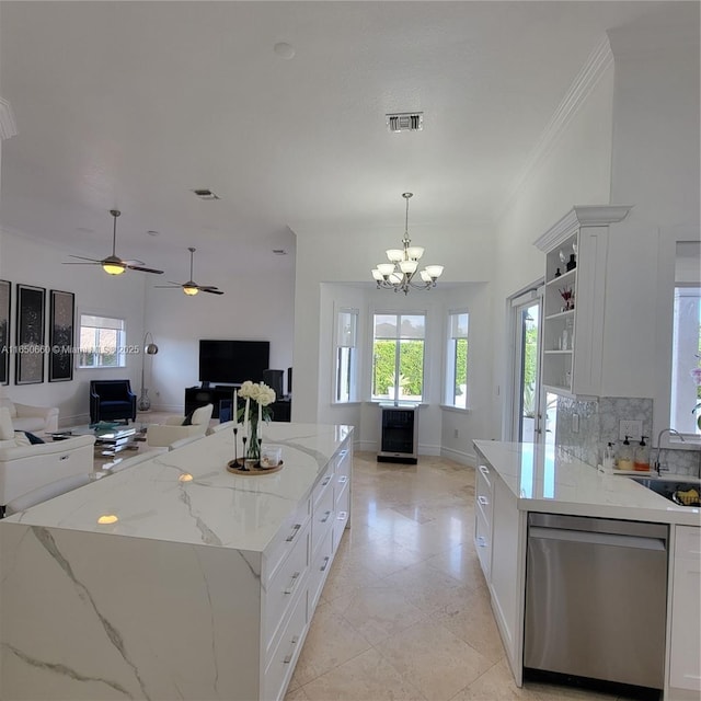 kitchen with visible vents, white cabinets, dishwasher, open shelves, and a sink