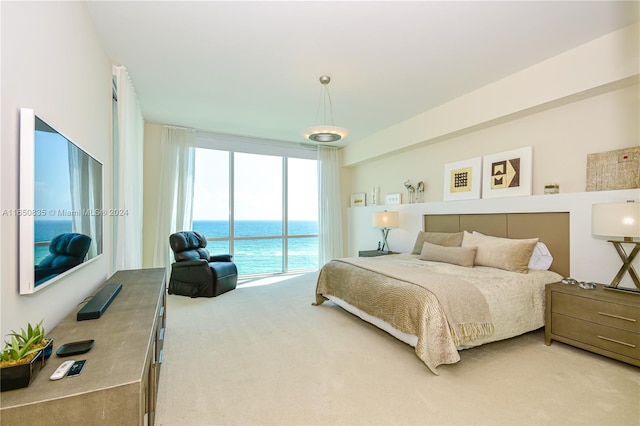 carpeted bedroom with a water view and access to exterior