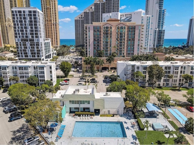 birds eye view of property featuring a water view