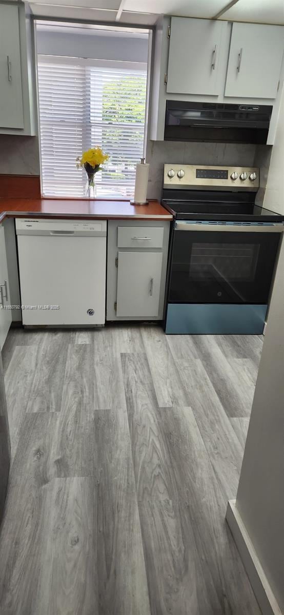 17620 Atlantic Blvd Unit 315, Sunny Isles Beach, FL 33160 - kitchen with electric stove, dishwasher, exhaust hood, light wood finished floors, and dark countertops