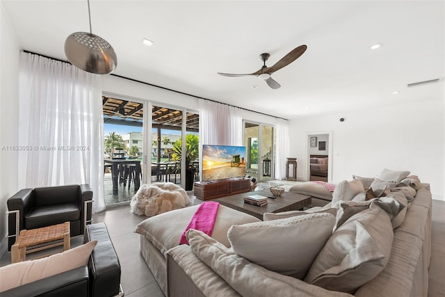 living room with ceiling fan