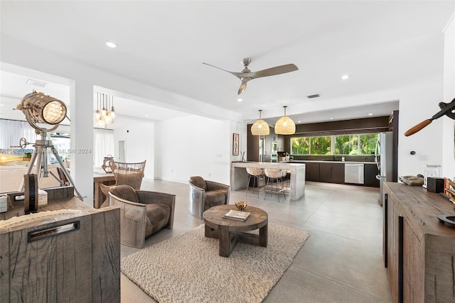 living room with ceiling fan