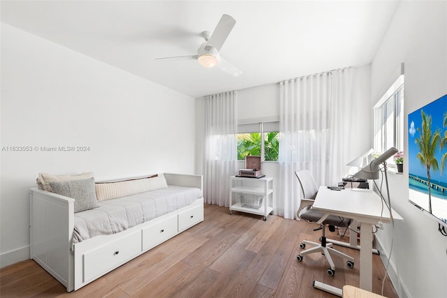 bedroom with hardwood / wood-style floors and ceiling fan