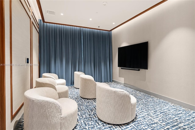 interior space featuring crown molding and carpet flooring