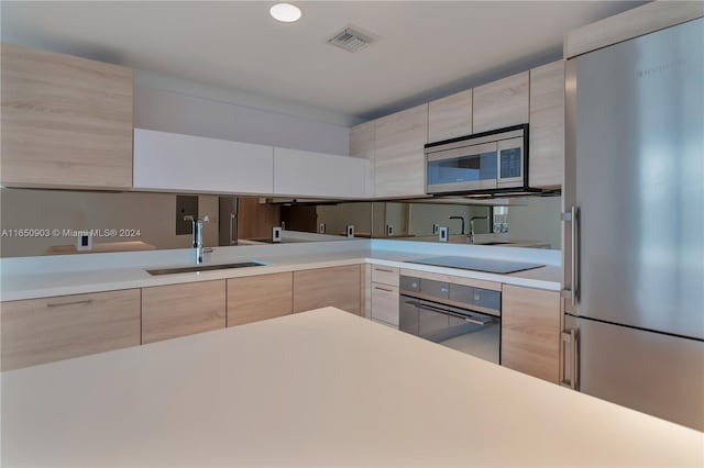 kitchen with appliances with stainless steel finishes, light brown cabinetry, and sink