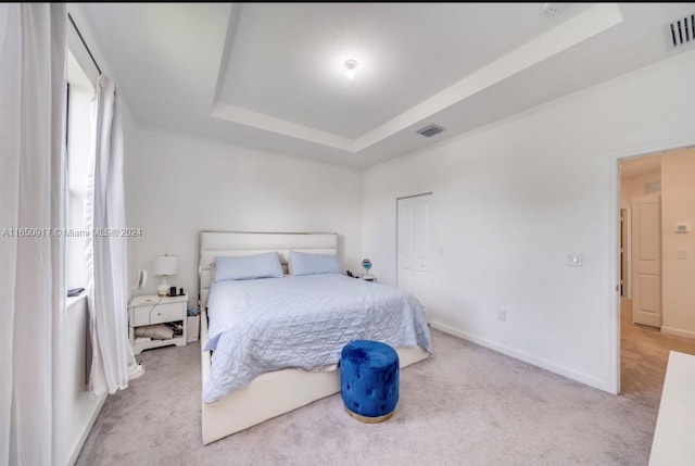 carpeted bedroom with a tray ceiling