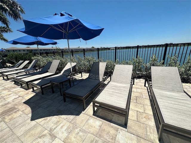 view of patio / terrace with a water view