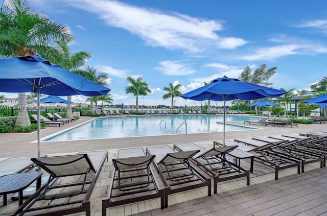 view of swimming pool with a patio area