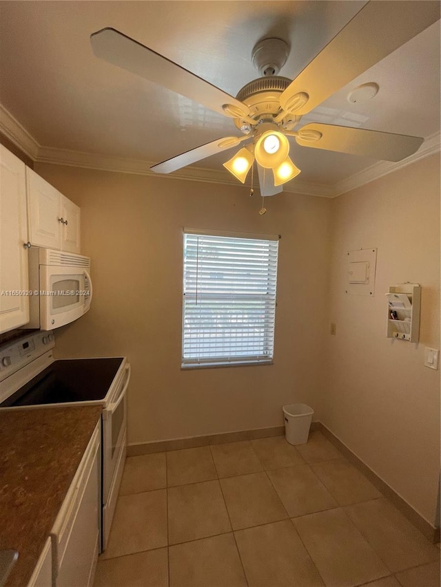 kitchen with white cabinets, white appliances, crown molding, and ceiling fan