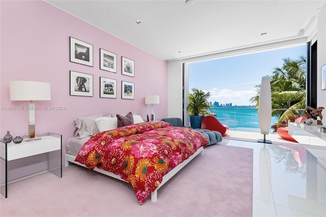 carpeted bedroom with a water view and access to outside