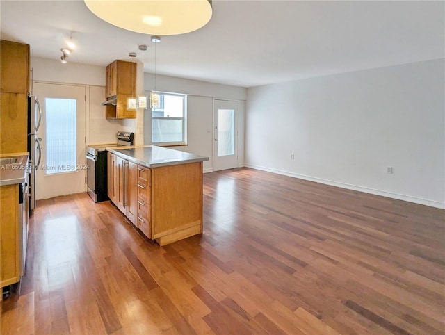 kitchen featuring tasteful backsplash, stainless steel electric range oven, light hardwood / wood-style floors, and decorative light fixtures