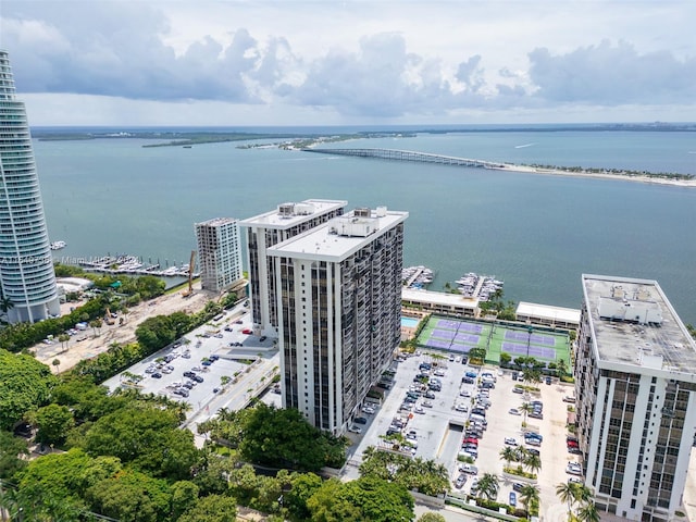 birds eye view of property featuring a water view