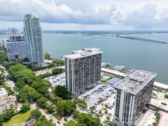 aerial view with a city view and a water view