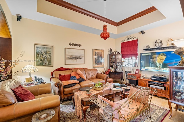 living room featuring crown molding and a raised ceiling