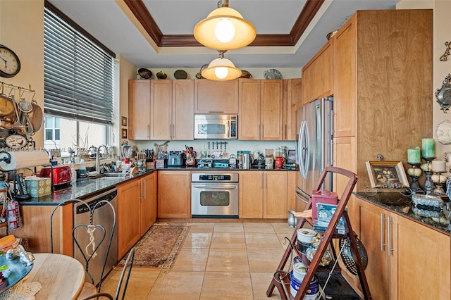 kitchen with crown molding, stainless steel appliances, sink, and a tray ceiling