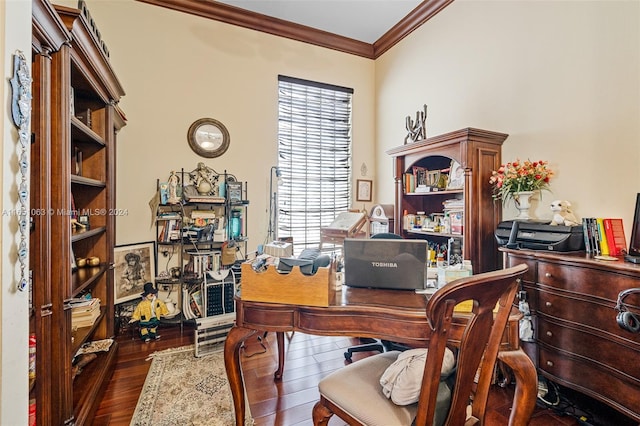 home office featuring dark hardwood / wood-style floors and ornamental molding