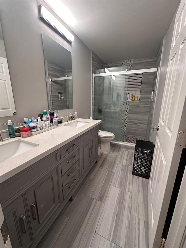 bathroom featuring vanity, toilet, and an enclosed shower